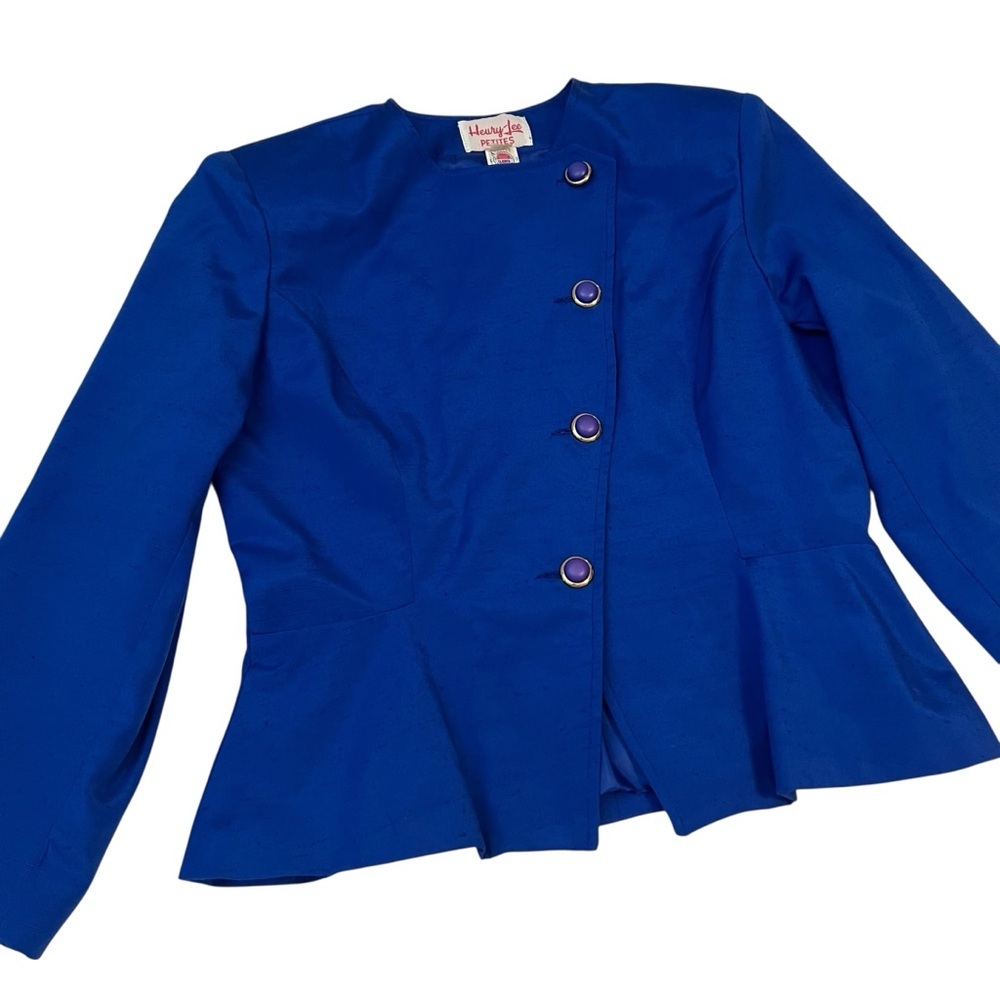 Vintage Henry Lee Petites Royal Blue Peplum Blazer Jacket Asymmetrical Sz 14P - Picture 2 of 8